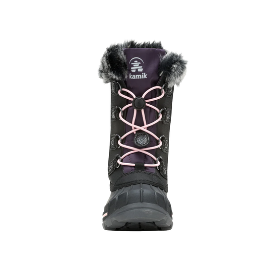 Black winter boot with pink laces on a white background