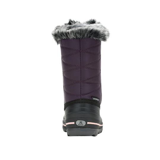Purple winter boot with fur trim on a white background