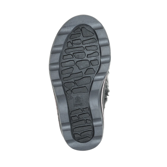 Close-up of a gray shoe sole with tread pattern on a white background