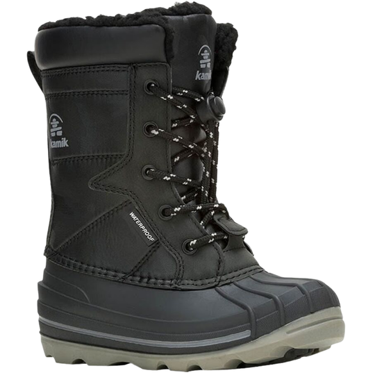 Black winter boot with brand logo on a white background