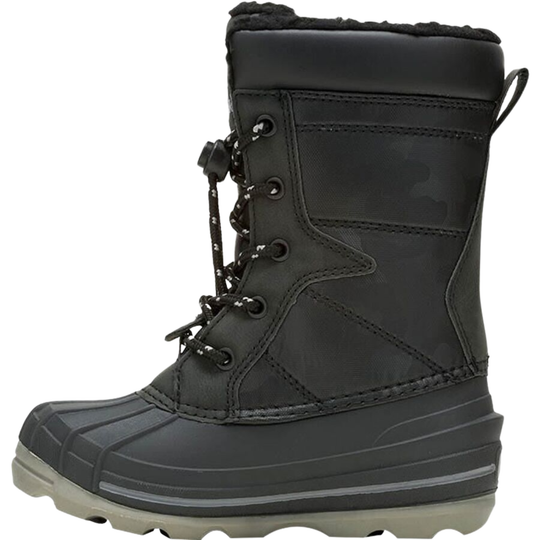 Black winter boot with a white sole on a white background