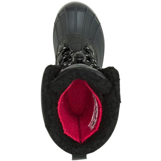 Black snow boot with red interior on a white background
