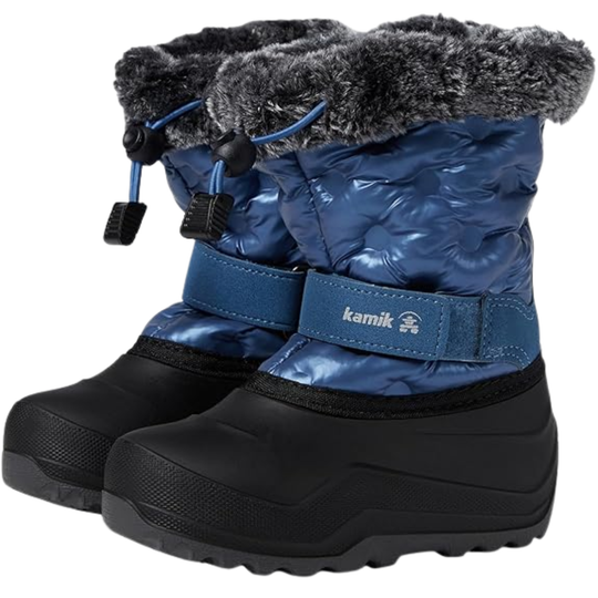 Blue and black winter boots with fur trim on a white background