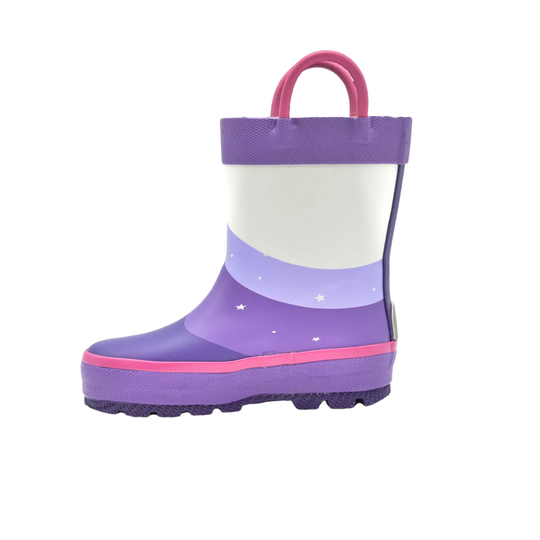 Purple and pink rain boot with a handle on a white background