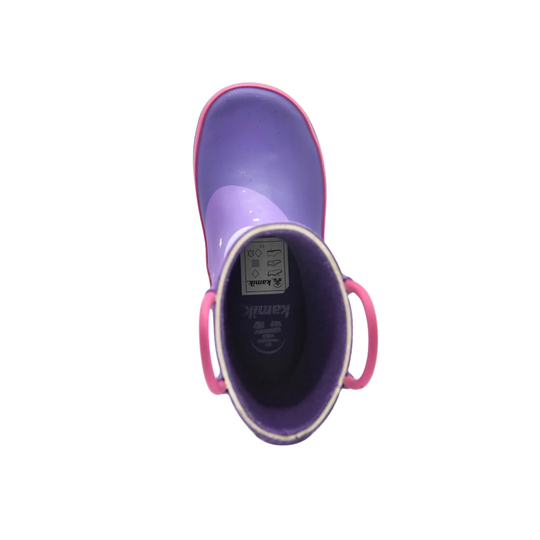 Purple rain boot with pink handles on a white background