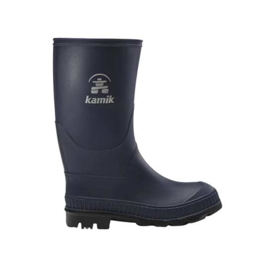 Navy blue rain boot with Kamik logo on a white background