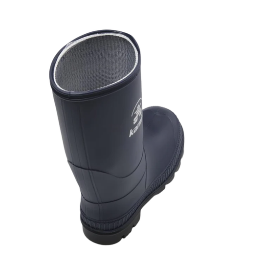 Black rubber boot with brand logo on a white background