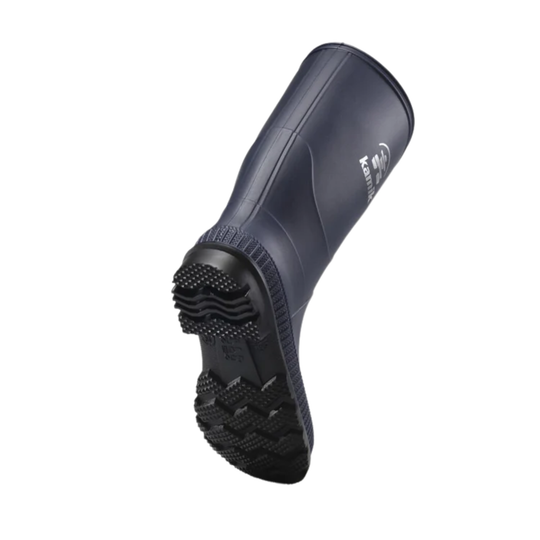 Black rubber boot sole with textured pattern on a white background