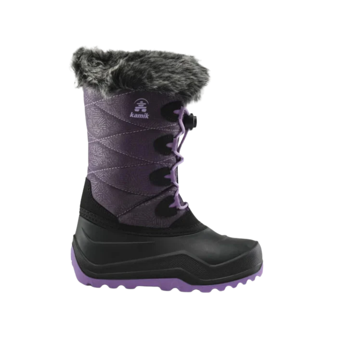 Purple and black winter boot with fur lining on a white background