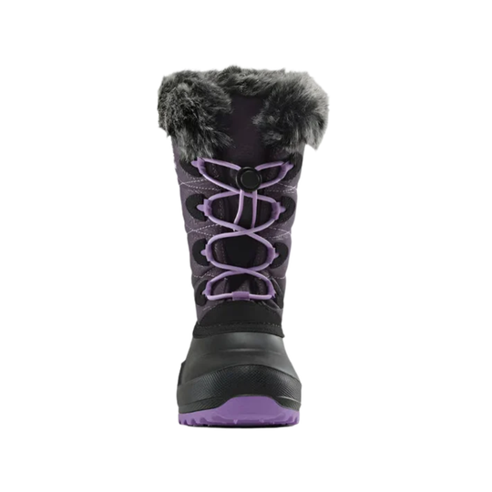 Black winter boot with gray fur lining and purple accents on a white background