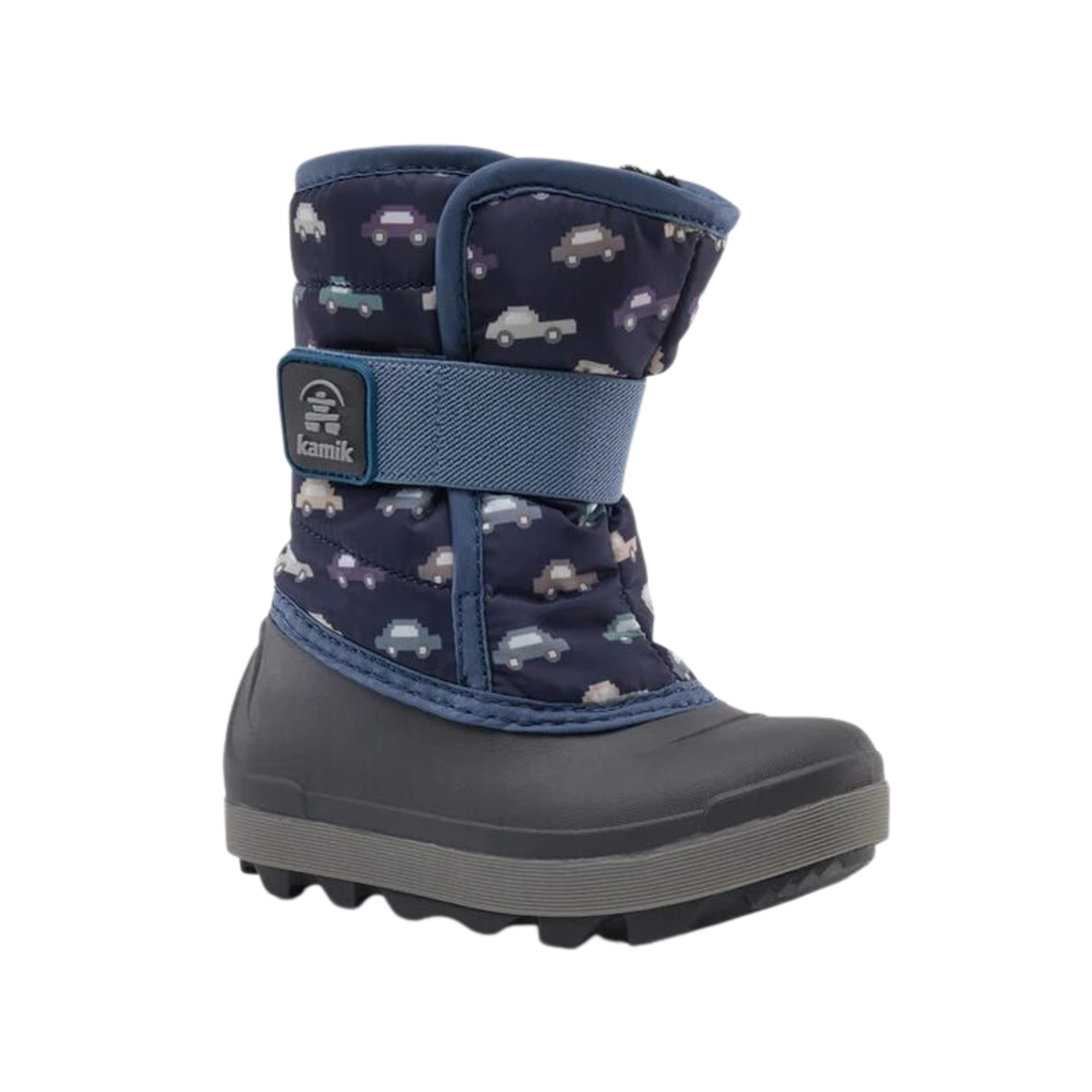 Children's snow boot with car pattern on a white background