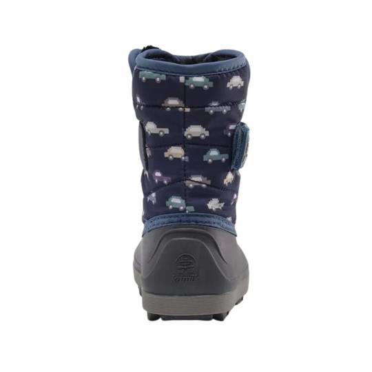 Children's snow boot with car pattern on a white background