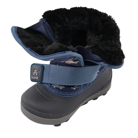 Blue and black winter boot with fur lining on a white background