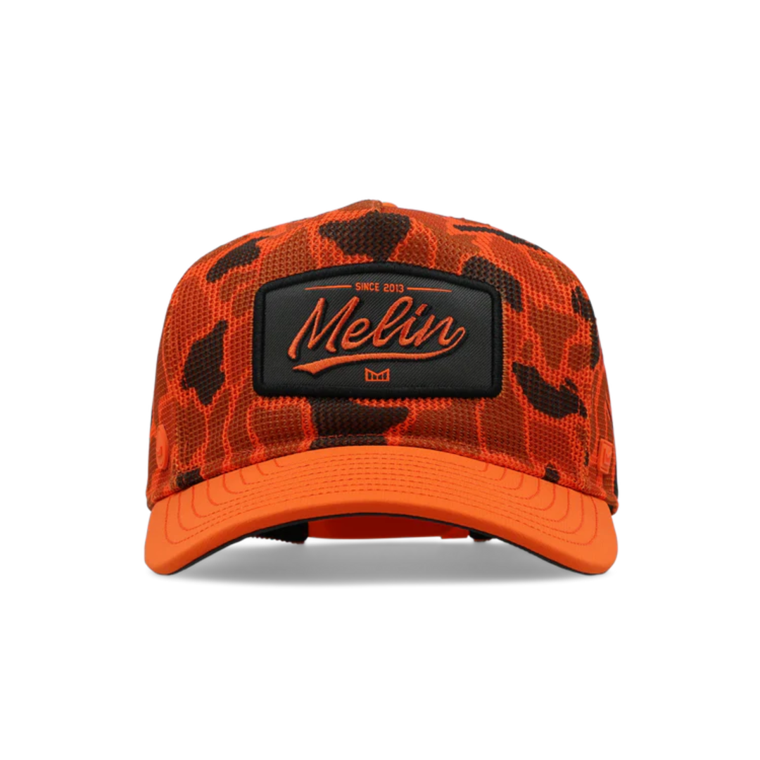 Orange and black camouflage cap with a brand logo on a white background