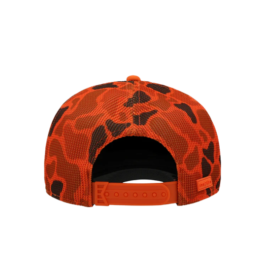 Orange and black camouflage-patterned cap on a white background