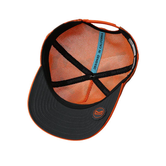 Orange and black cap with mesh back on a white background