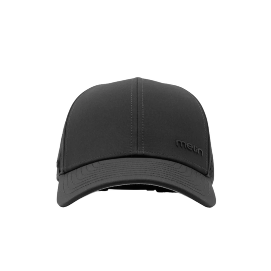 Black cap with 'melin' branding on a white background