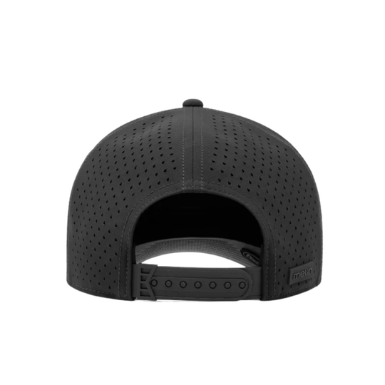 Black cap with a visible brand logo on a white background
