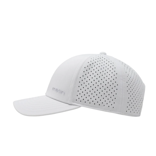 White cap with perforated design on a white background