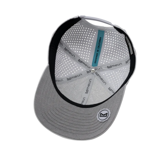 Gray cap with black brim and visible branding on a white background