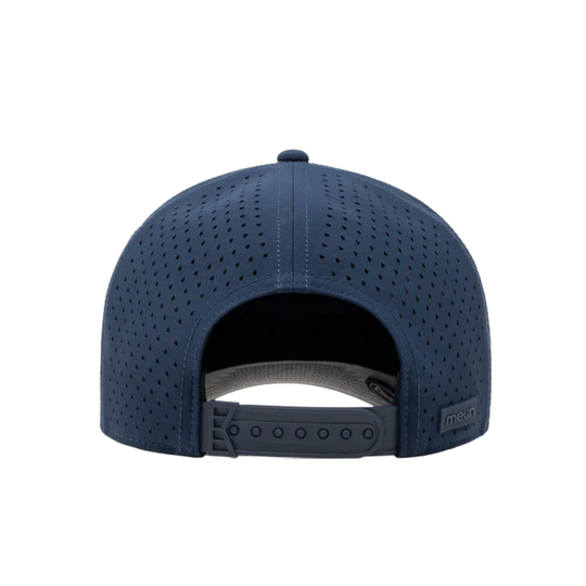 Navy blue cap with perforated design on a white background