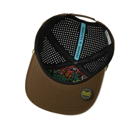 Brown cap with a colorful brim and perforated back on a white background