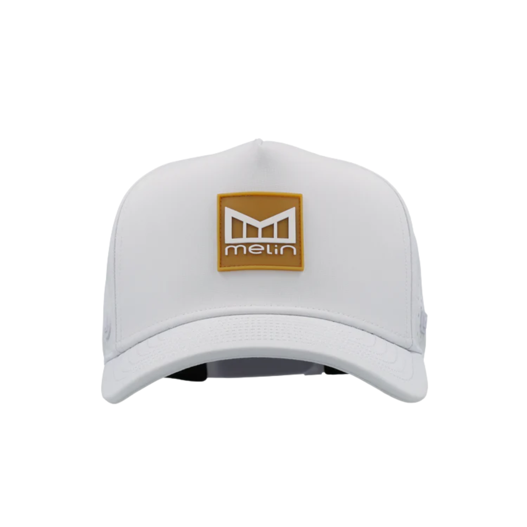 White cap with a brown logo on a white background