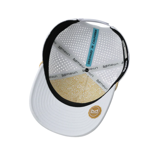 White baseball cap with black rim and brand logo on a white background