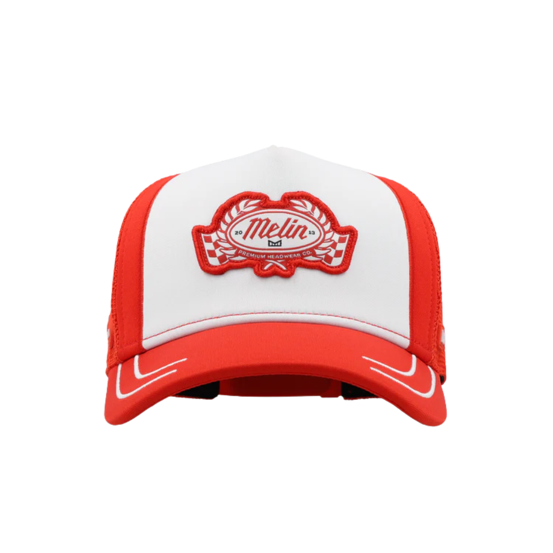Red and white cap with a logo on a white background
