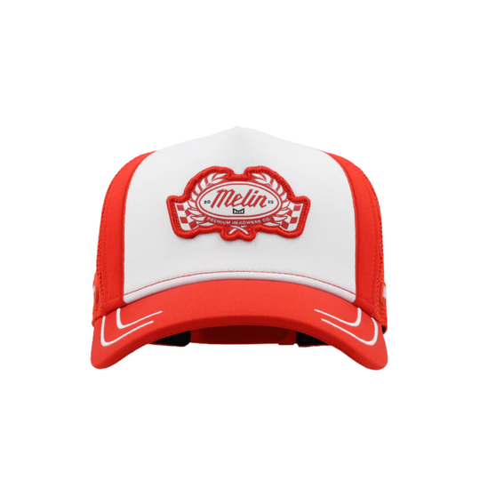 Red and white cap with a logo on a white background
