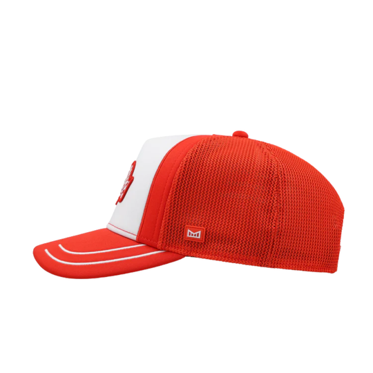 Red and white cap with a small logo on a white background