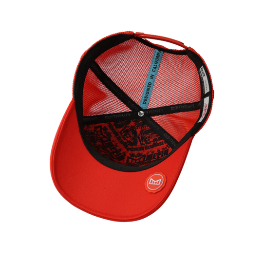 Red cap with black mesh back on a white background