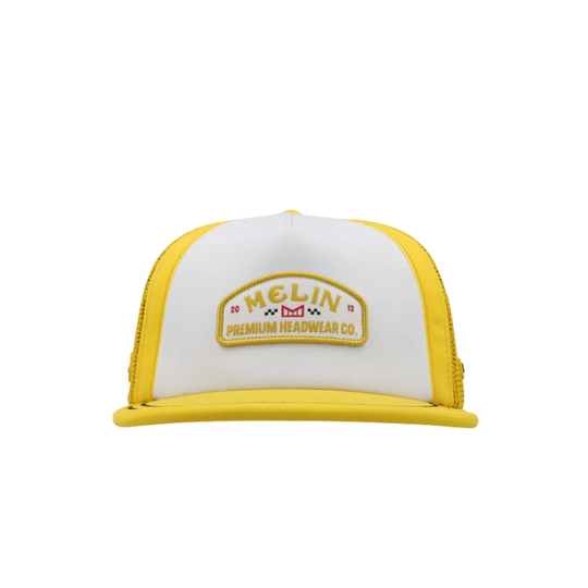 Yellow and white cap with 'Melin' logo on a white background