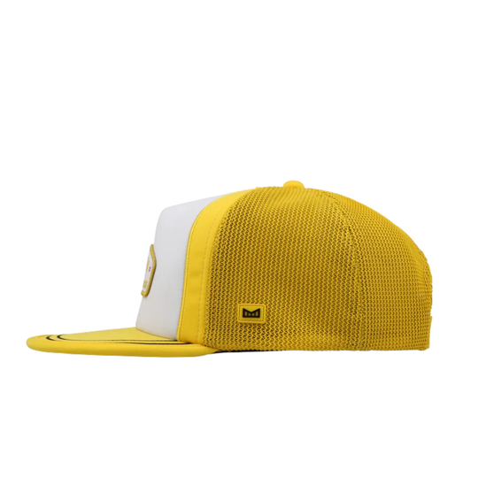 Yellow and white cap with a small logo on a white background