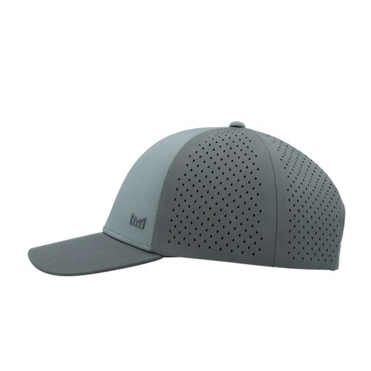 Gray baseball cap with a curved brim, perforated side panels, and a small raised logo on the front panel