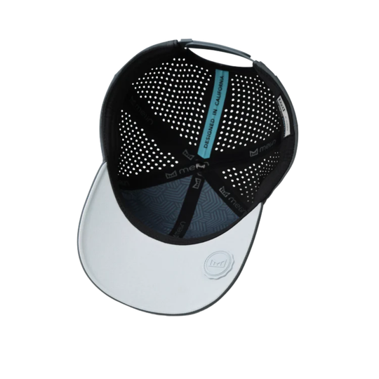 Black and white cap with perforated design on a white background