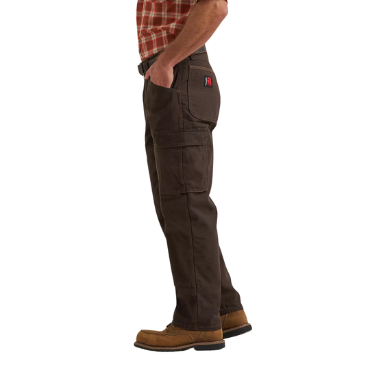 Brown cargo pants worn by a person on a white background