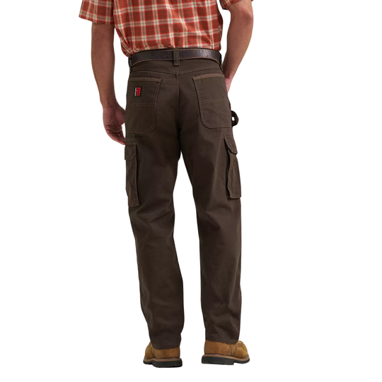 Brown cargo pants worn by a person on a white background