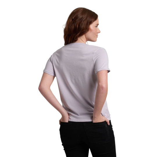 Woman wearing a light gray t-shirt on a white background