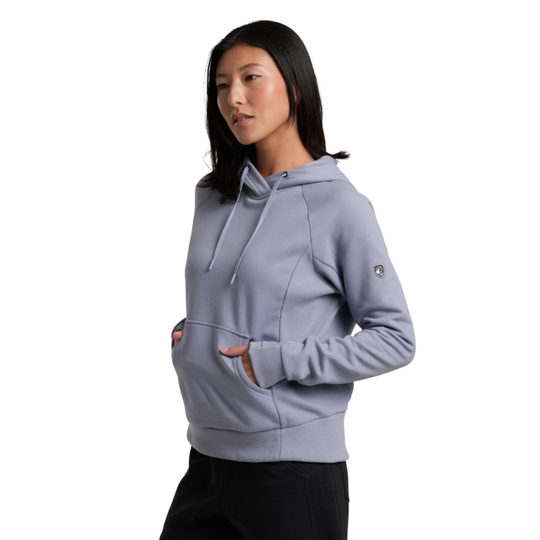 Woman wearing a light purple hoodie on a white background