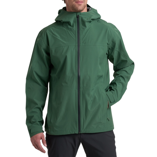 Green rain jacket on a white background
