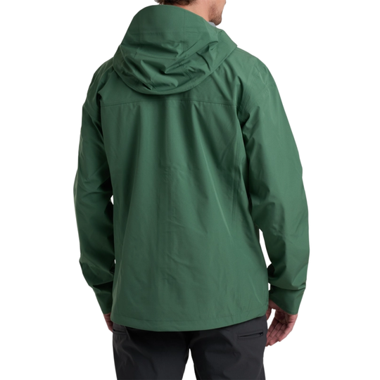 Green raincoat worn by a person on a white background
