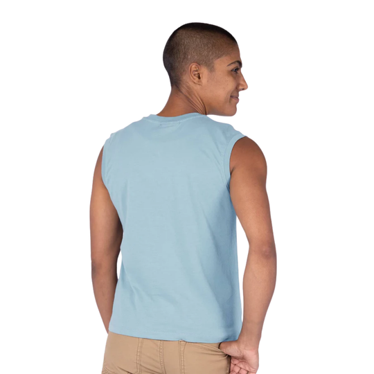 Person wearing a light blue sleeveless shirt on a white background