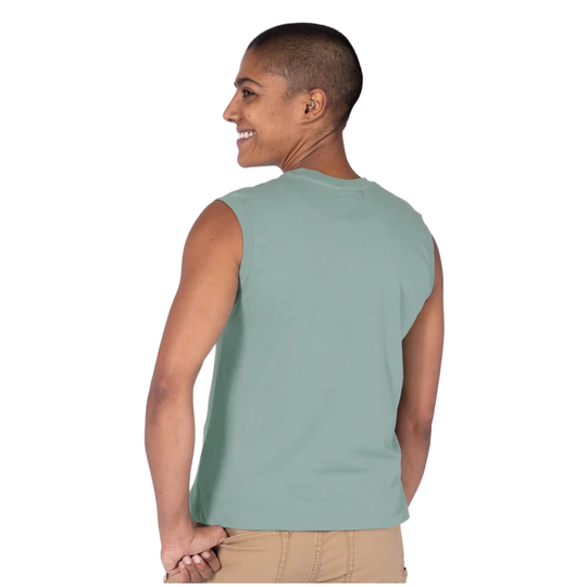 Person wearing a light green sleeveless shirt on a white background