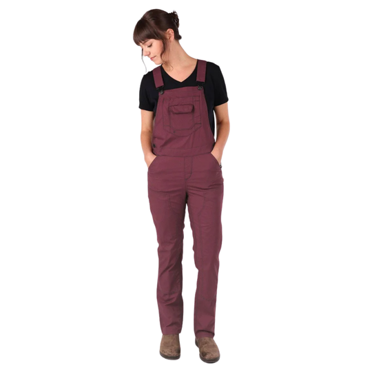 Person wearing maroon overalls on a white background