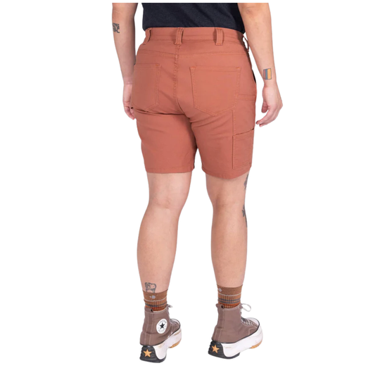 Person wearing brown shorts on a white background