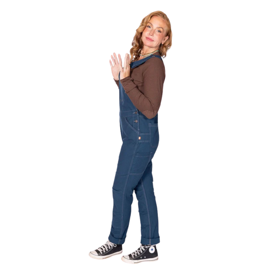 Blue denim overalls with brown long-sleeve shirt and black high-top sneakers