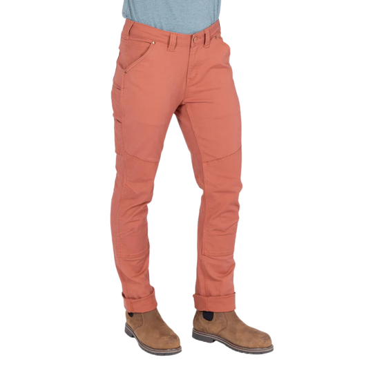 Coral pants worn by a person on a white background