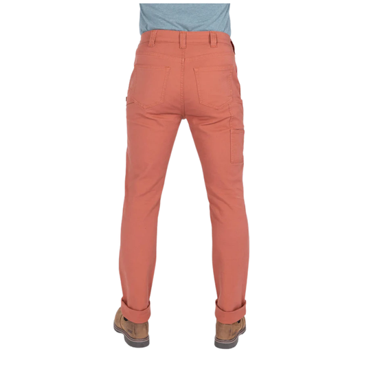 Coral pants worn by a person on a white background