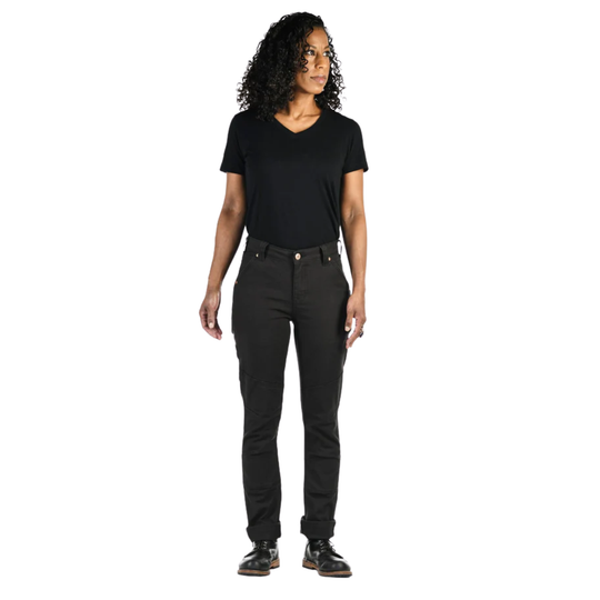 Woman wearing black pants and a black shirt on a white background